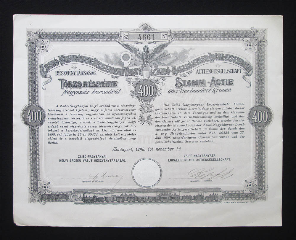 Zsibó-Nagybányai H. É. Vasút törzsrészvény 400 korona 1898 (ROU)